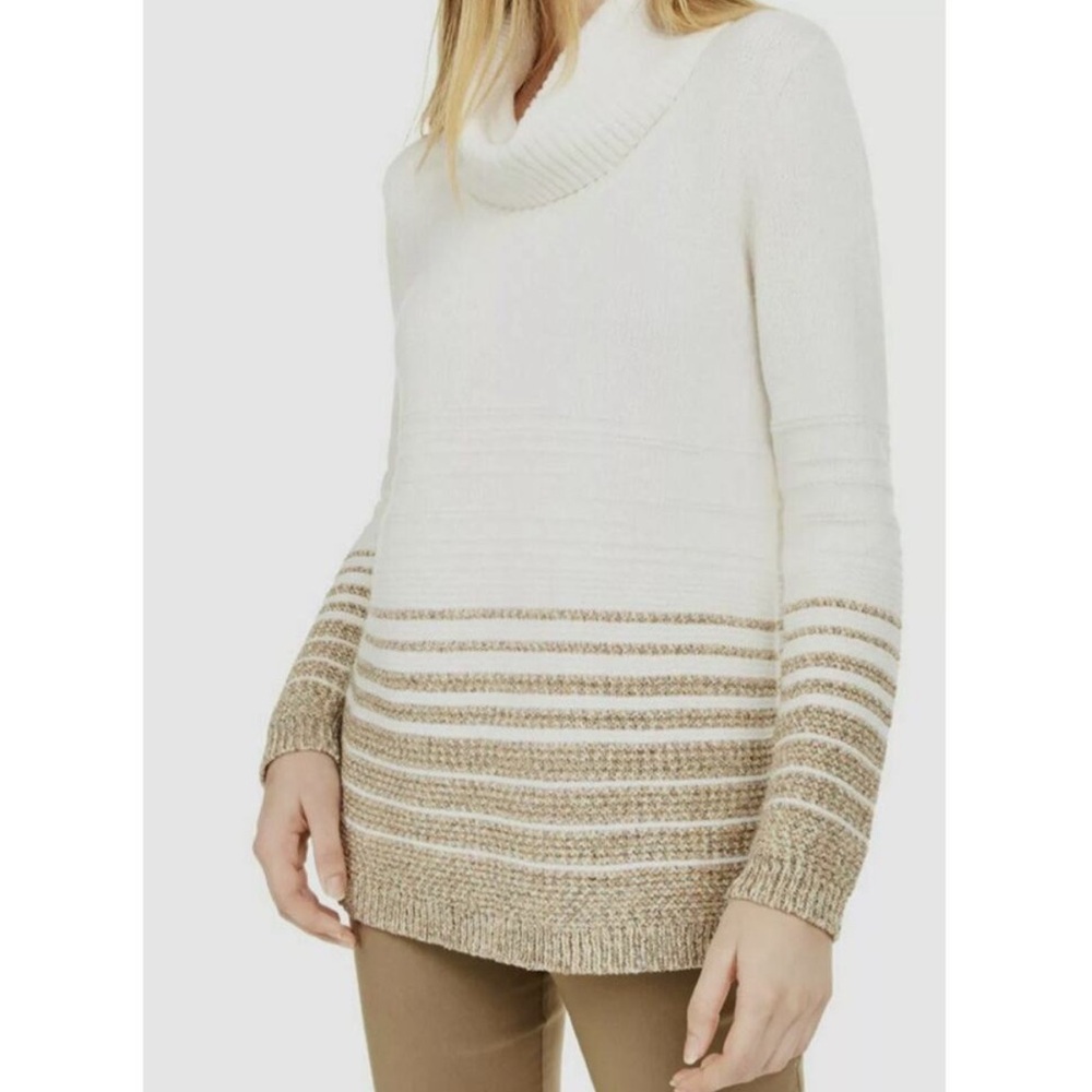 Calvin Klein Cream and Tan Lurex Striped Cowlneck Sweater